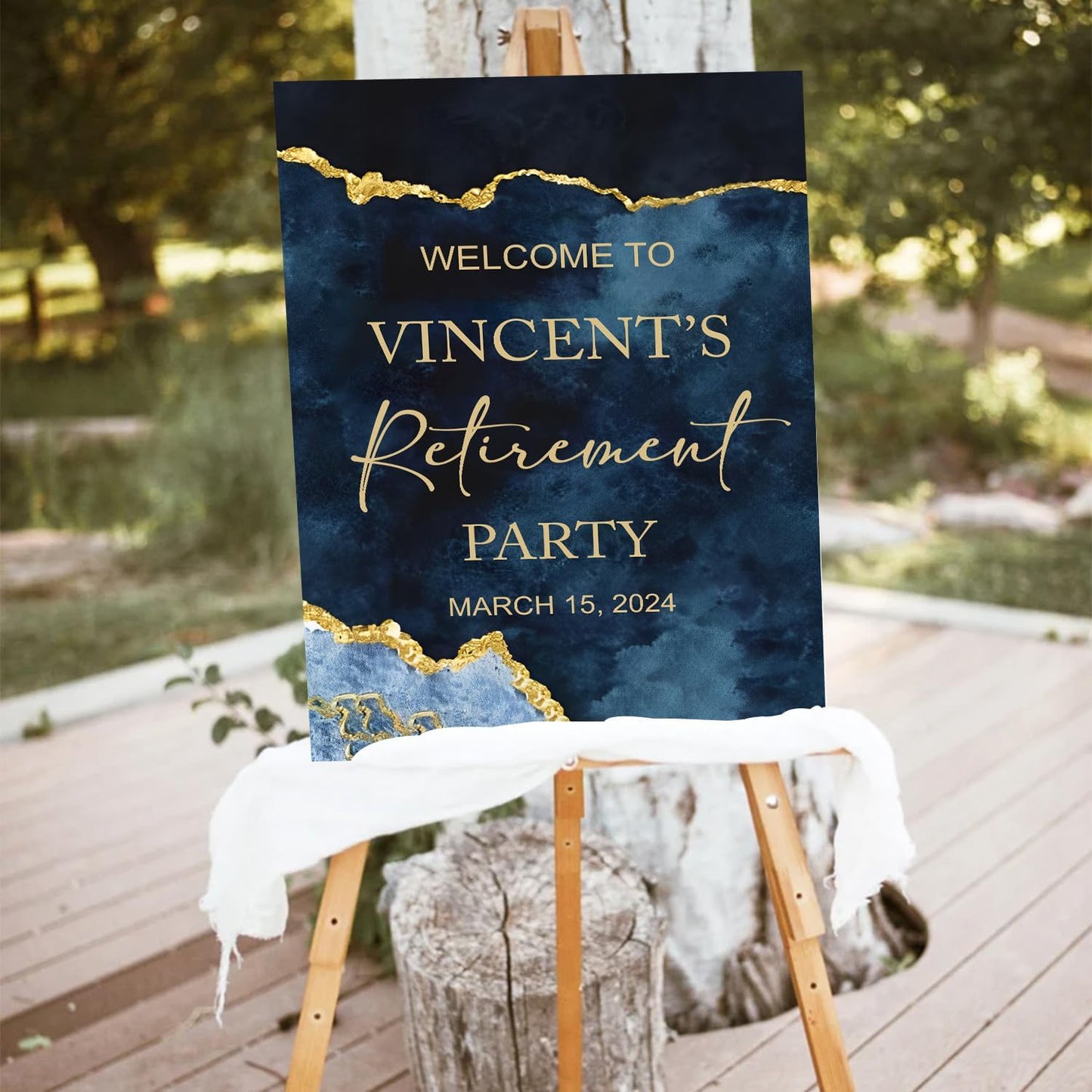 Editable Agate Retirement Party Welcome Sign, Blue & Gold, PVC, 12' x 18', 24' x 18', 27' x 18', 36' x 24', Weather Resistant, Double-Sided, Modern, Rectangular Yard Sign