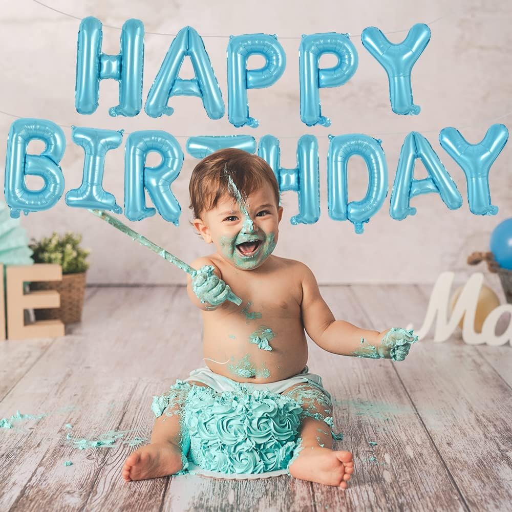 TONIFUL Light Blue Happy Birthday Balloons Banner, 16 Inch Mylar Foil Letters Sign Bunting Reusable for Girls Boys Kids & Adults Birthday Decorations Party Supplies