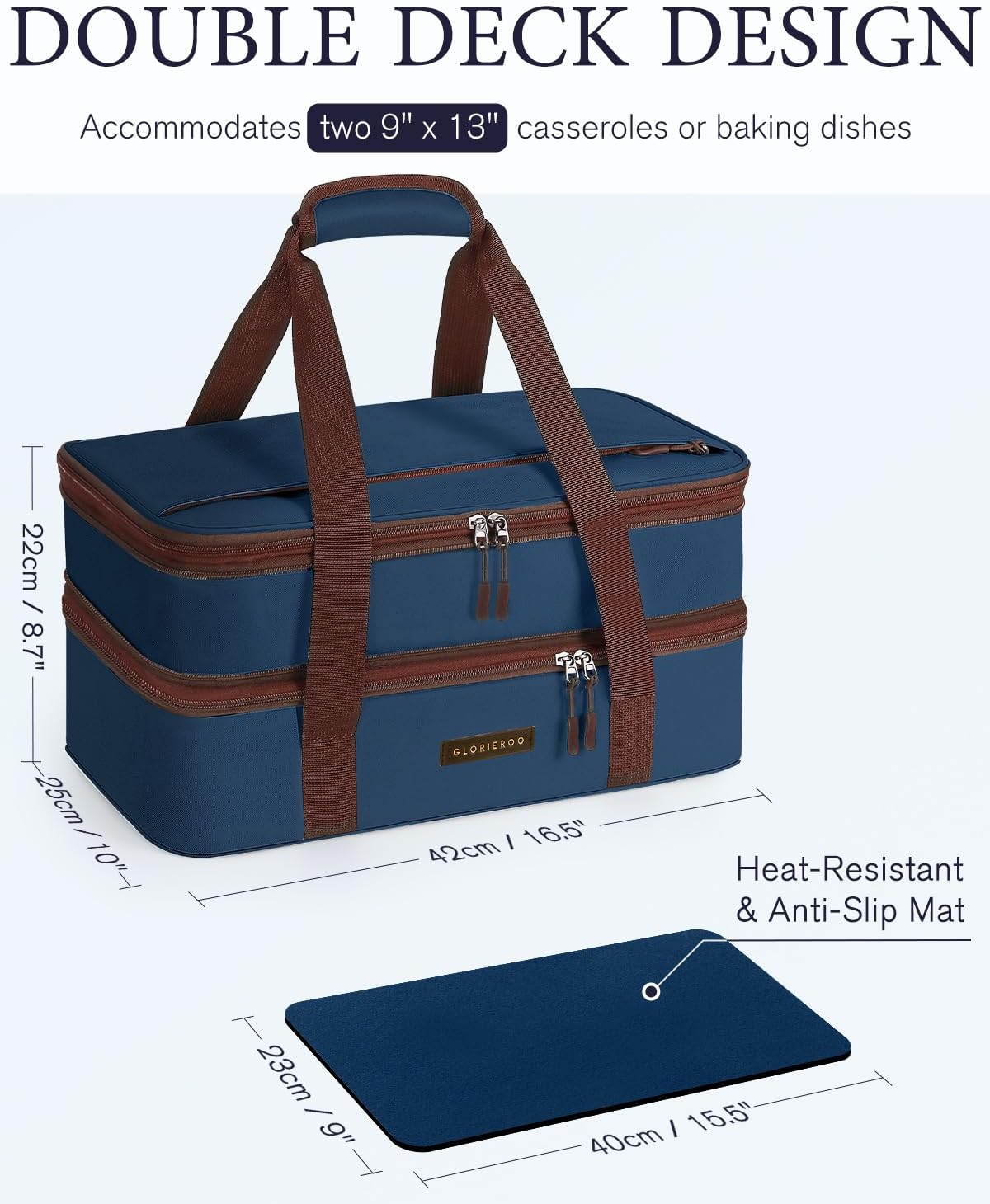Insulated Casserole Carrier for Hot or Cold Food 9x13 - Double Deck Food Container Bag Warmer with Heat-Resistant Mat for Potluck Parties Picnic Cookouts Fits 9" x 13" Casserole or Baking Dish