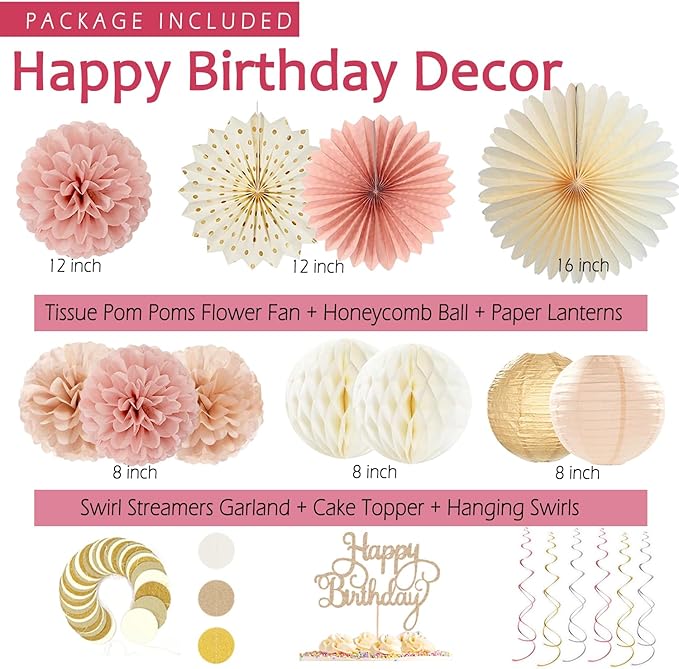 Boho-Pink Birthday Decorations, Happy Banner, Women Paper Lanterns Honeycomb, One Sweet Peach Streamers Garland, Retro Blush Pink Beige Metallic Gold Balloon for Birthdays Party Décor