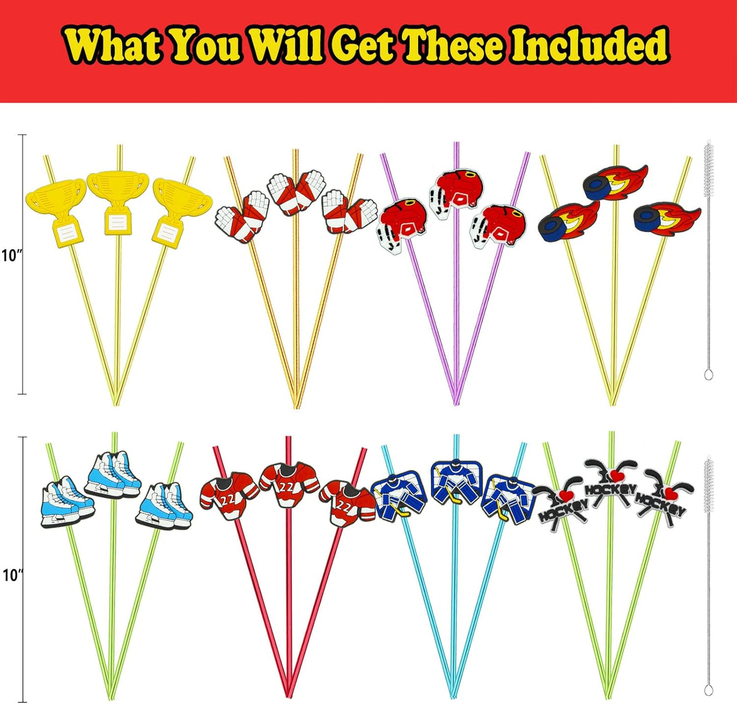 24 pcs Ice Hockey Theme Straight Reusable Straws for Ice Hockey Sports Party Favors, Daily Drink Straws, Birthday Party, Class Reunion, Sports Party Supplies with 2 Cleaning Brush. (6 colors)
