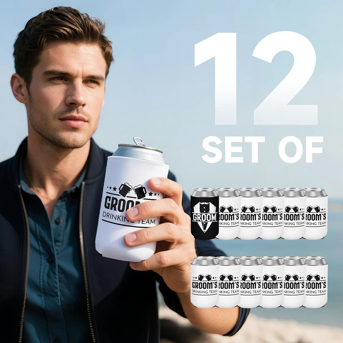12 Pack Bachelor Party Can Coolers with Groom Squad Design, Insulated Neoprene Beer Sleeves for Men, Black & White Reusable Drink Holders Groomsmen Gifts