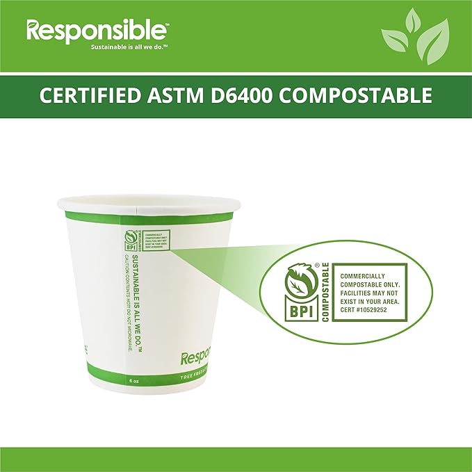 Responsible Products 6 oz Paper Hot Cups Bulk, Tree-Less™ Compostable Paper Coffee Cups, Extra Strength, Tree-Free and Made Without PFAS, White (1000 Count)