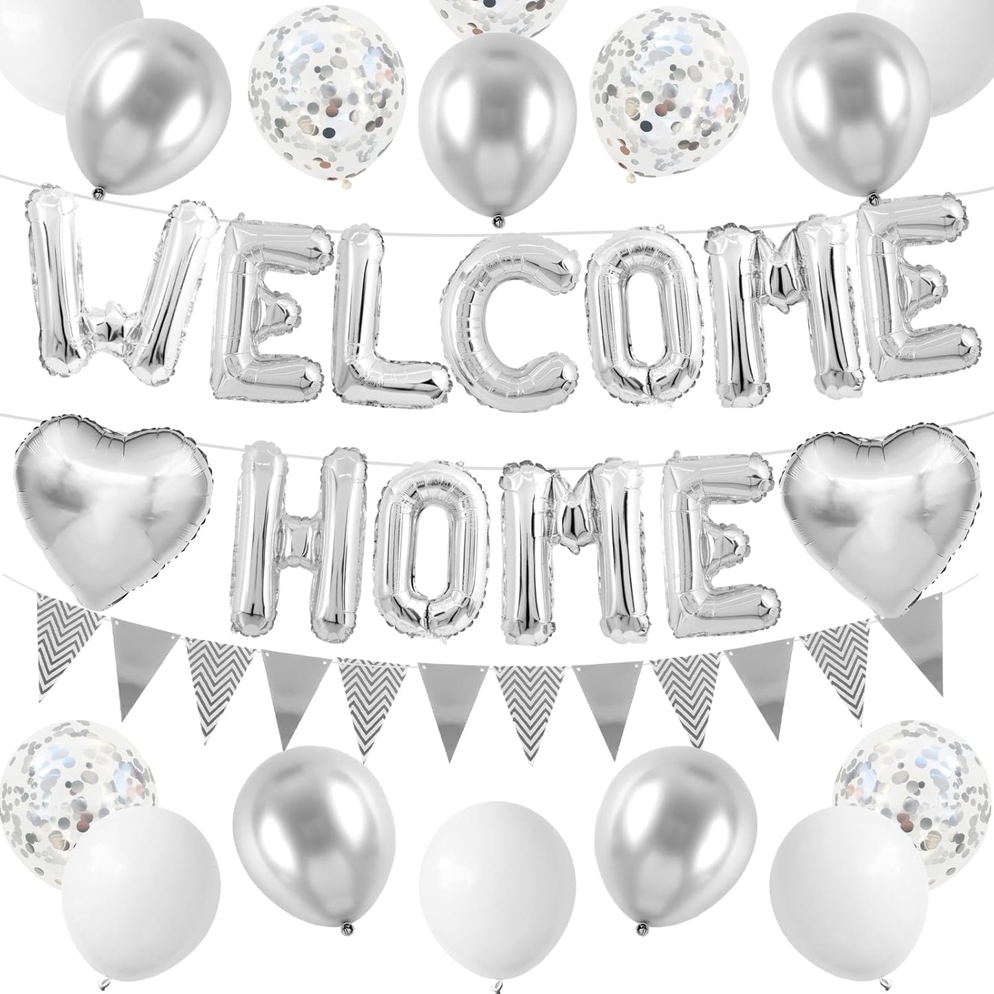 Welcome Home Decorations Silver,Welcome Home Foil Balloon Banner with Confetti Balloons,Silver Heart Balloons Pennant Flag Bunting for Housewarming Baby Shower Home Family Party Supplies