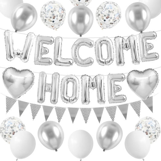 Welcome Home Decorations Silver,Welcome Home Foil Balloon Banner with Confetti Balloons,Silver Heart Balloons Pennant Flag Bunting for Housewarming Baby Shower Home Family Party Supplies