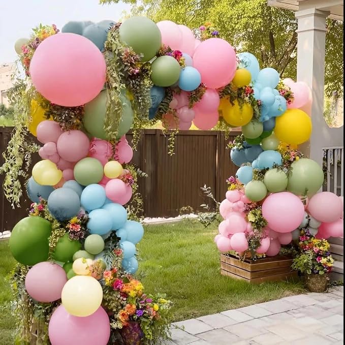 Colorful Balloon Arch Double Stuffed Latex Blue Yellow Green Pink Balloons Wildflower Balloon Garland for Spring Flower Birthday Baby Shower Easter Garden Candy Party Decoration