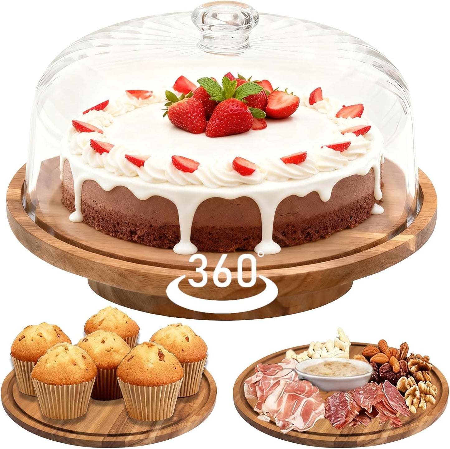 cutesun acacia wood cake stand with lid, 11.8'' Rotating Cake Stand with Dome, Shaterproof 10.4'' Acrylic Cake Display Cover, Cake Holder Tray for Wedding Gift，Kitchen,Birthday,Parties,Baking Gifts