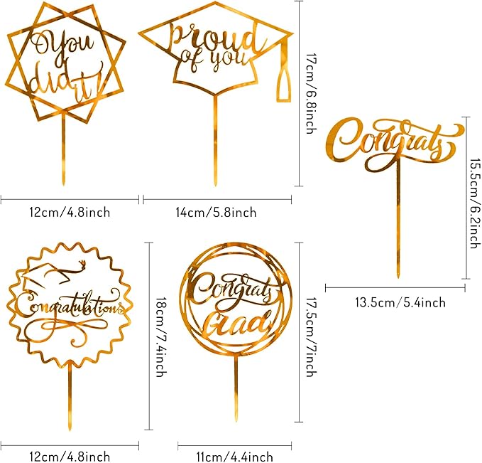 Whaline Graduation Cake Topper Gold Acrylic Cake Topper Congrats Grad You Did It Congratulations 5 Design Table Centerpiece Sticks Grad Party Food Appetizer Picks for Cakes Decor Supplies, 10pcs