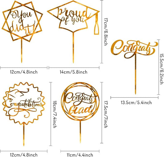 Whaline Graduation Cake Topper Gold Acrylic Cake Topper Congrats Grad You Did It Congratulations 5 Design Table Centerpiece Sticks Grad Party Food Appetizer Picks for Cakes Decor Supplies, 10pcs
