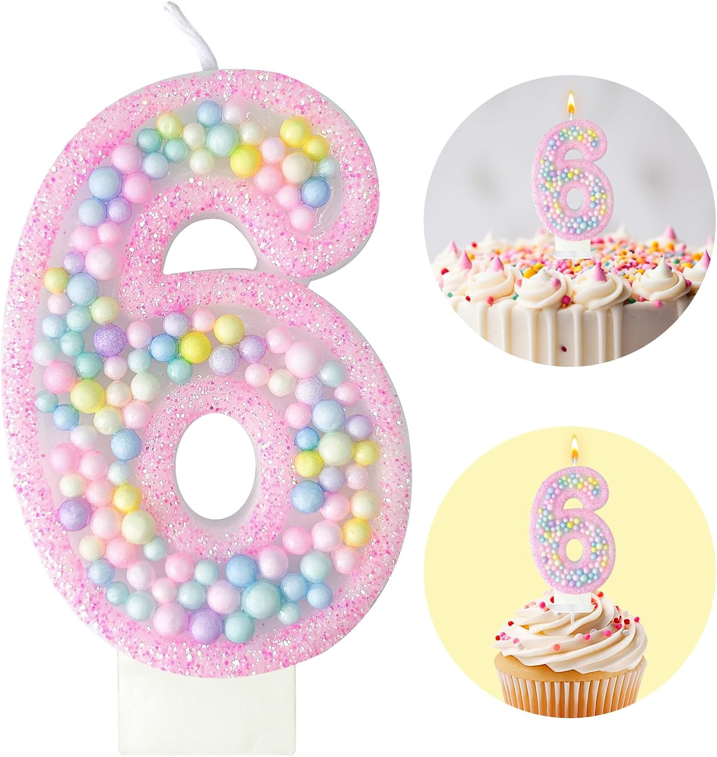 Zlongron Birthday Number Candles, Handmade Macaron 3D Flash Number 6 Candle, Suitable for Girls and Boys' Birthdays, Weddings, Anniversaries, Theme Party Cake Decorations