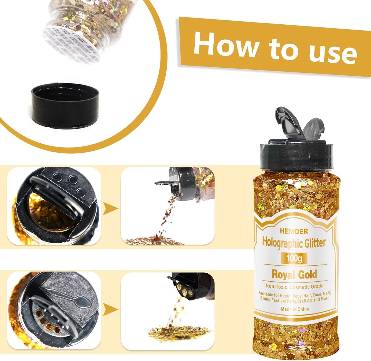 HEMOER Royal Gold Glitter, 100g/3.5oz Holographic Chunky Glitter Mixed Hexagon Chunky & Fine Flakes Iridescent Sequins for Epoxy Crafts, Resin, Nail Body, Tumblers, Party Decoration