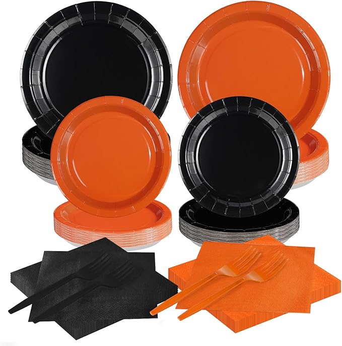 Grencian 200Pcs Orange and Black Party Decorations Orange and Black Plates and Napkins Disposable Paper Tableware for Birthday Wedding Baby Shower Halloween Fall Harvest Party Supplies, Serves 50