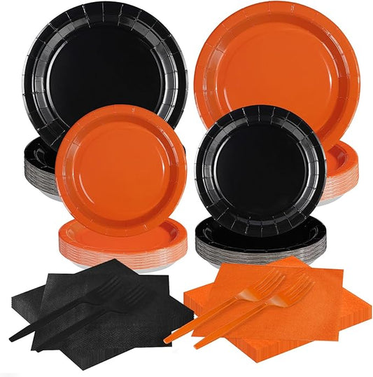 Grencian 200Pcs Orange and Black Party Decorations Orange and Black Plates and Napkins Disposable Paper Tableware for Birthday Wedding Baby Shower Halloween Fall Harvest Party Supplies, Serves 50