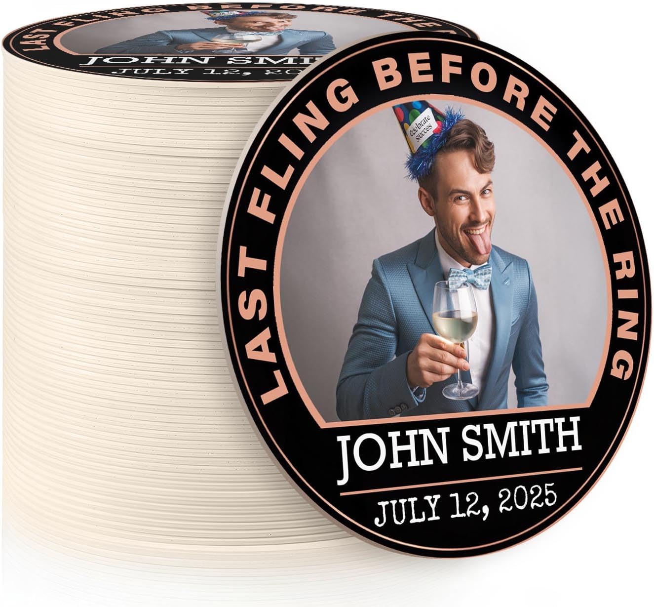 60 Pack Personalized Bachelor Party Coasters, Custom Cardboard Drink Coasters with Photo Print and Text, Fun Bachelor Party Favors and Gifts, 3.95" Round, Design 4