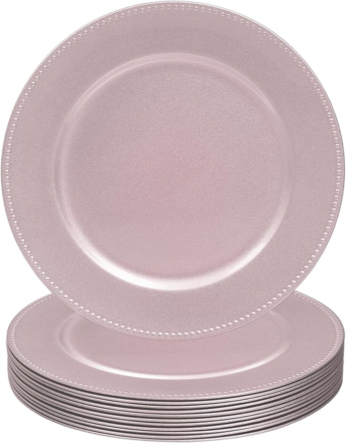 MAONAME 13" Pink Charger Plates, Plastic Charger Plates with Beaded, Round Chargers for Dinner Plates, Plate Chargers for Wedding, Table Decor, Set of 12