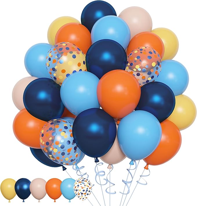 Amandir 153pcs Blue Orange Balloon Garland Arch Kit, Different Sizes 18 12 10 5 inch Navy Blue Yellow Latex Pearlescent Confetti Balloons for Girl Boys Blue Birthday Party Decorations
