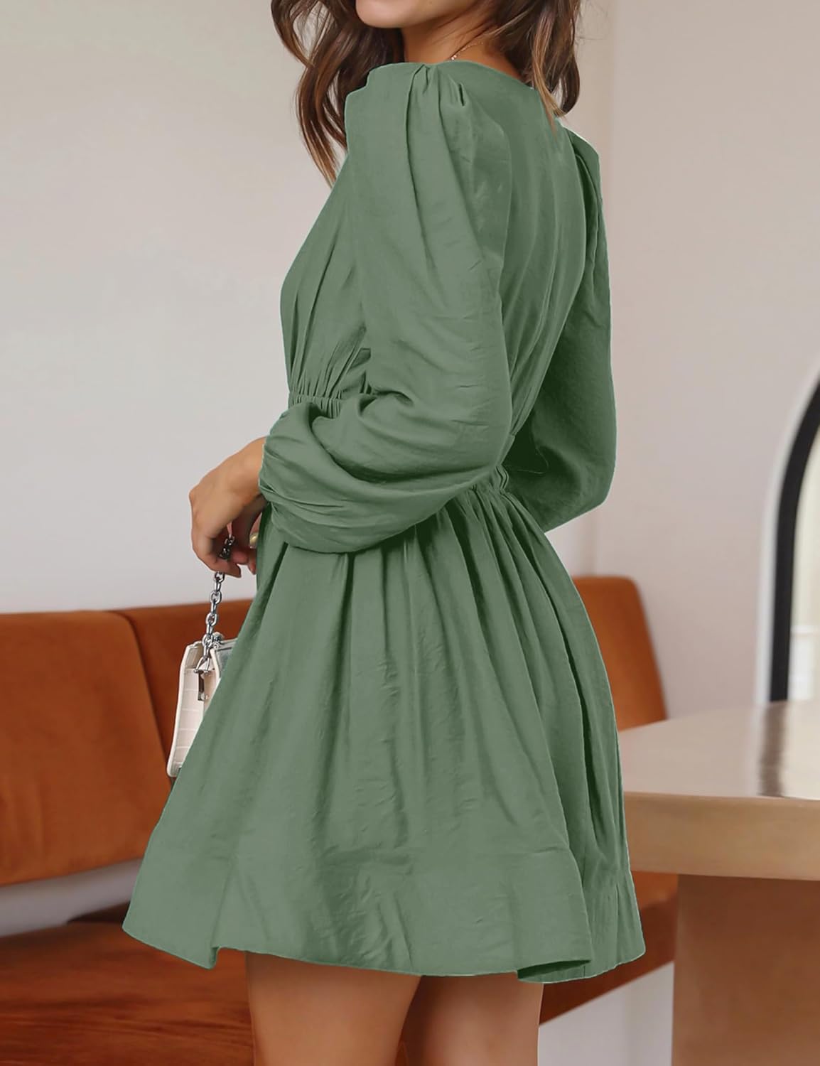 FAIABLE Mini Deep V Sexy Long Sleeve Dress for Women A-line High Waisted Casual Flowy Dress for Cocktail Wedding Guest
