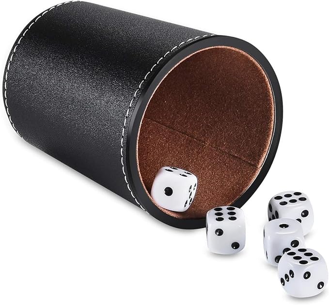 Leather Dice Cup Set, 5 Black Dice Cups + 25 Dices + Exclusive Storage and Transport Case Made of Faux Leather (Black x2)