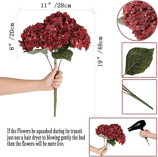 2Bouquets Artificial Fake Flowers Plants Silk Hydrangea Arrangements Wedding Bouquets Decorations Plastic Floral Home Kitchen Garden Party Festival Bar DIY (Dark Red,5 Flower Heads)