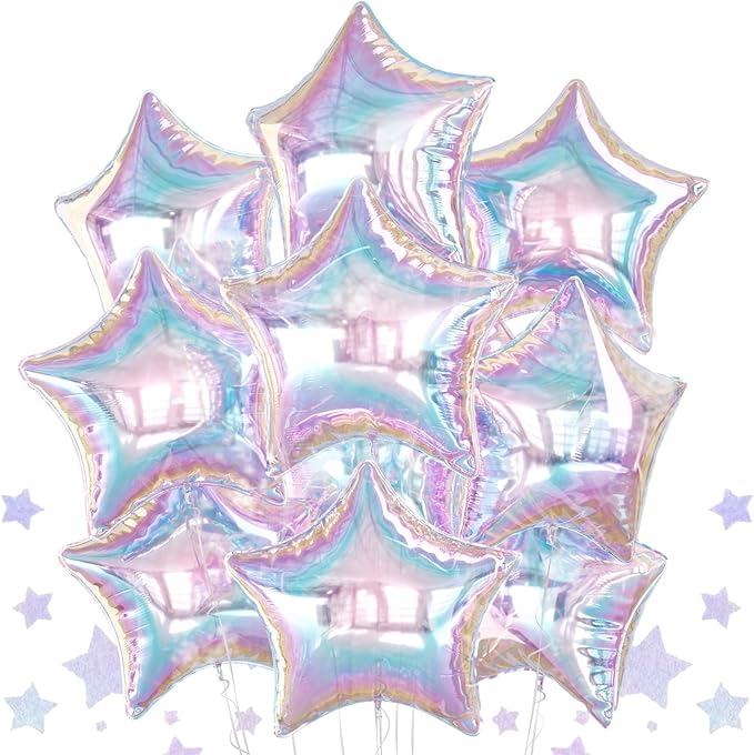 10PCS Iridescent Laser Star Foil Balloons, Transparent Laser Foil Stars Shape Balloons, 18 Inch Colorful Stars Balloon Aluminum for Helium for Birthday, Baby Shower, Wedding Party Decoration