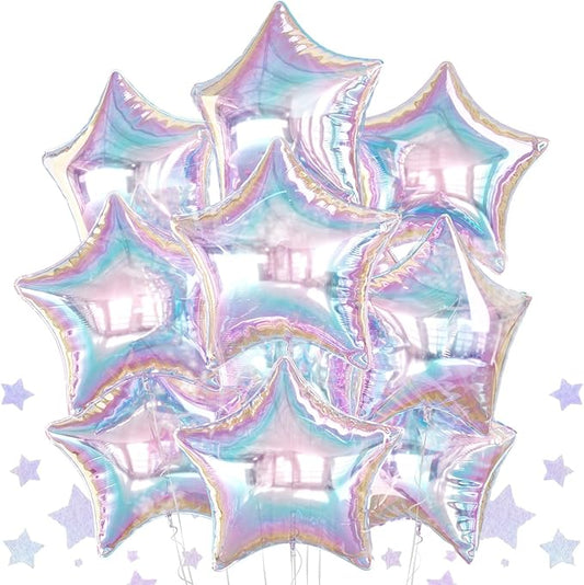 10PCS Iridescent Laser Star Foil Balloons, Transparent Laser Foil Stars Shape Balloons, 18 Inch Colorful Stars Balloon Aluminum for Helium for Birthday, Baby Shower, Wedding Party Decoration
