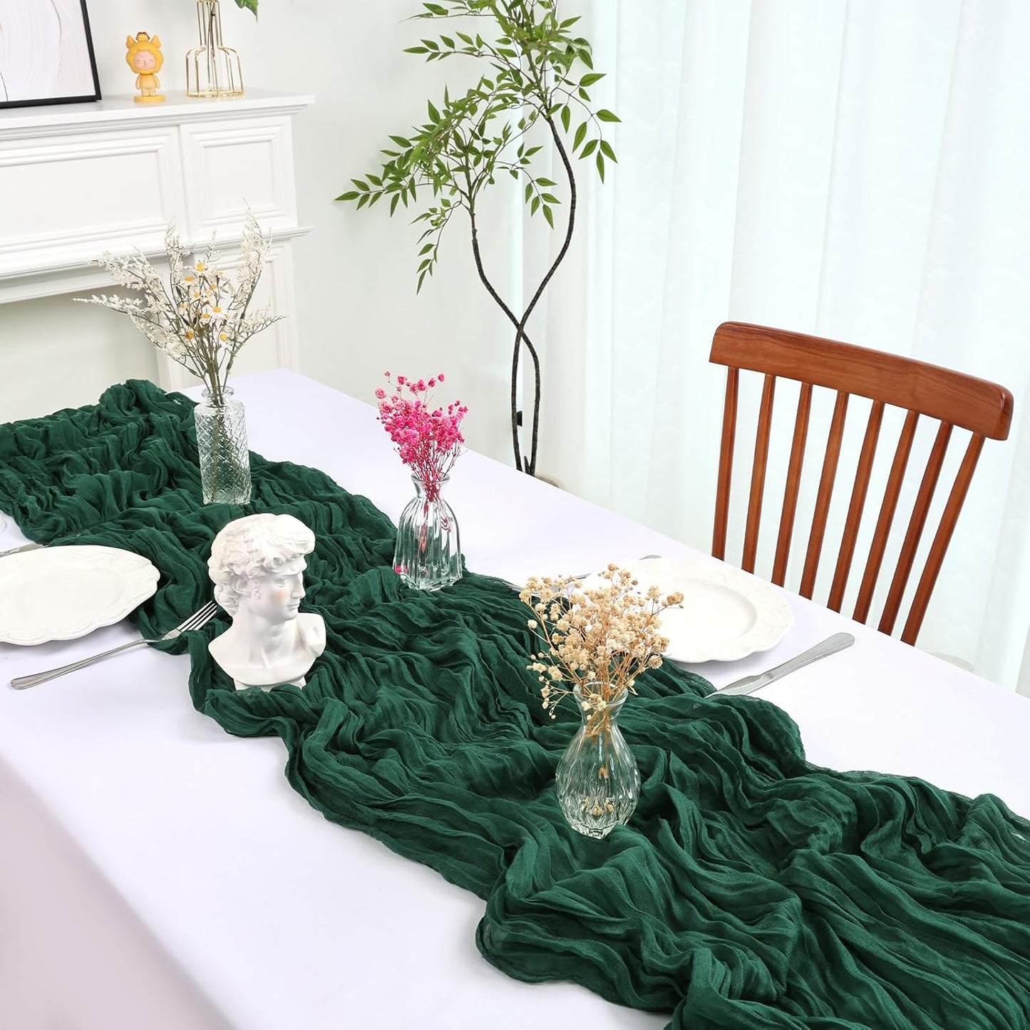 12 Pack 10FT Christmas Table Runner Emerald Green Cheesecloth 35x120 Inch Gauze Rustic Boho Table Runner Cheese Cloth for Wedding Decor Birthday Party Bridal Baby Shower Table Centerpiece Decoration