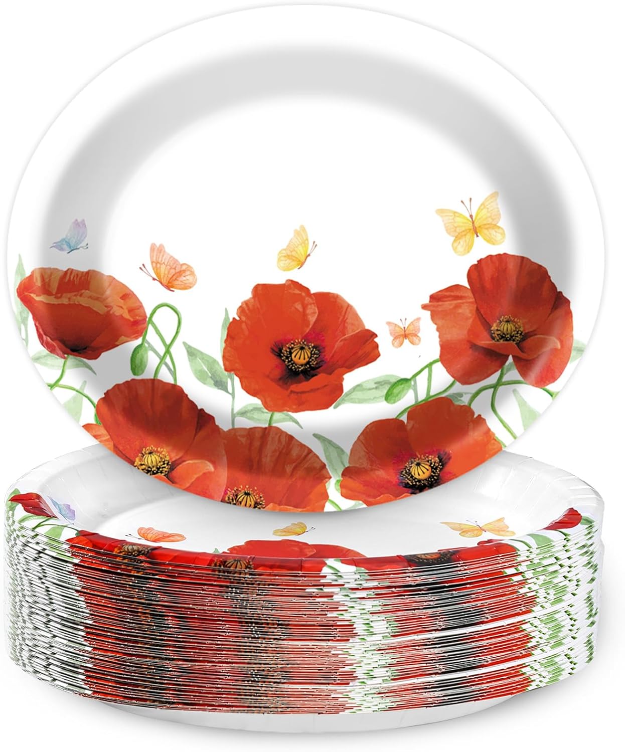 Poppy Oval Paper Plates 10’’ x 12’’,Large Disposable Heavy Duty and White Buffalo Checked Plaid Paper Plates for Birthday Wedding Bridal Baby Shower Tea Party Supplies,50 Guest