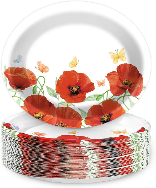 Poppy Oval Paper Plates 10’’ x 12’’,Large Disposable Heavy Duty and White Buffalo Checked Plaid Paper Plates for Birthday Wedding Bridal Baby Shower Tea Party Supplies,50 Guest