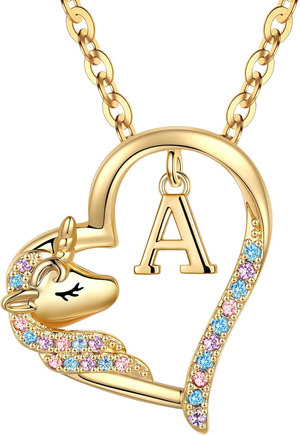 Anoup Unicorn Gifts for Girls Necklace - Colorful CZ Heart Pendant A-Z Initial Necklaces Cute Unicorns Jewelry Birthday Gift for Girl