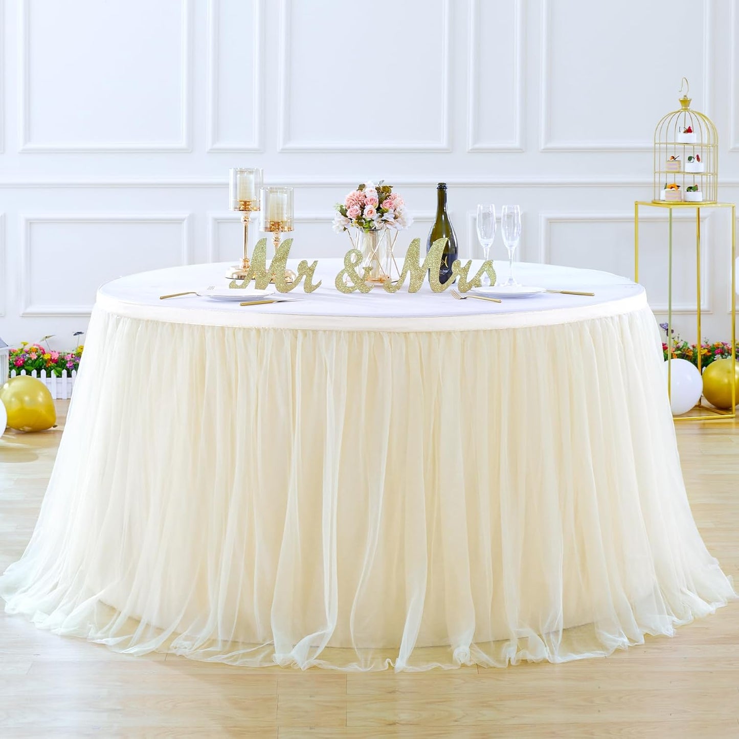 Suppromo 9ft Champagne Tulle Table Skirts for Rectangle Tables or Round Tables Champagne Tutu Table Cloth Cover for Wedding Birthday Party Baby Shower Dessert Cake Table Decor