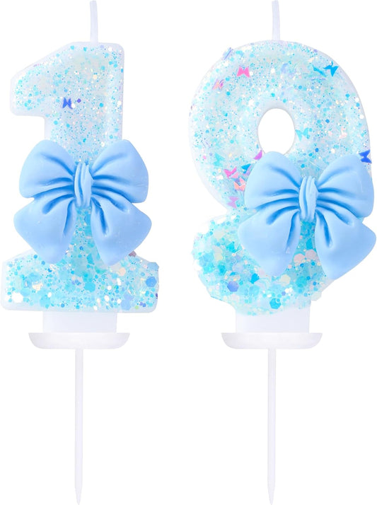 19 Birthday Candles Blue Bow Number 19 Cake Candles, 19th Cake Topper Decorations for Kids Pets Pastel Birthday Party Supplies (Number 19)