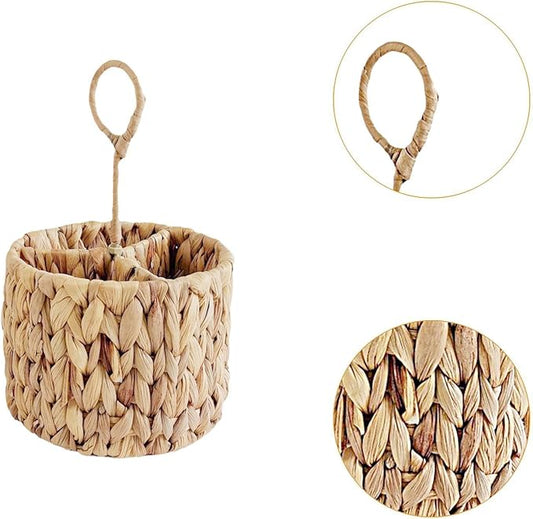 Wicker Flatware Organizer Kitchen Utensil Organizer Woven with Handle Cutlery Holder Divided Utensil Holder for Party Spoons