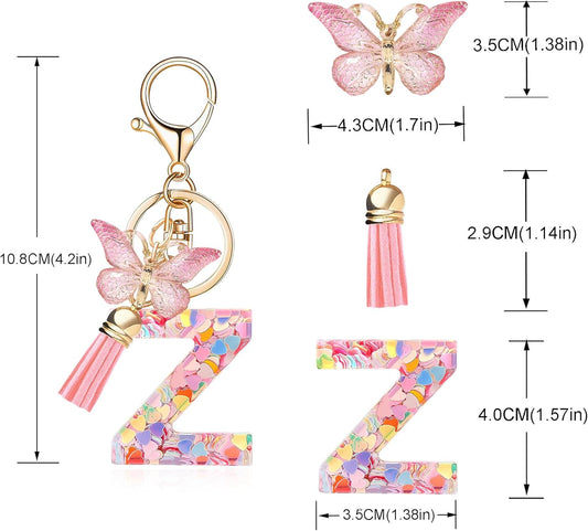 Fashion Alphabet Initial Letter Keychain Tassel Butterfly Pendant Key Ring for Purse Handbags Women Girl