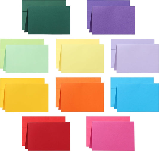 100 packs 10 Assorted Blank Colors Greeting Cards and Envelopes 4 x 6 Printable Heavyweight Folded Cardstock and A4 Envelopes Self Seal for Christmas, Invitations, Birthday, Thank You Cards