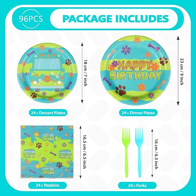 Grencian 96Pcs Mysterious Car Birthday Party Supplies Blue Green Dog Plates and Napkins Carton Dog Paw Tableware Set for Kids Birthday Baby Shower Party Supplies