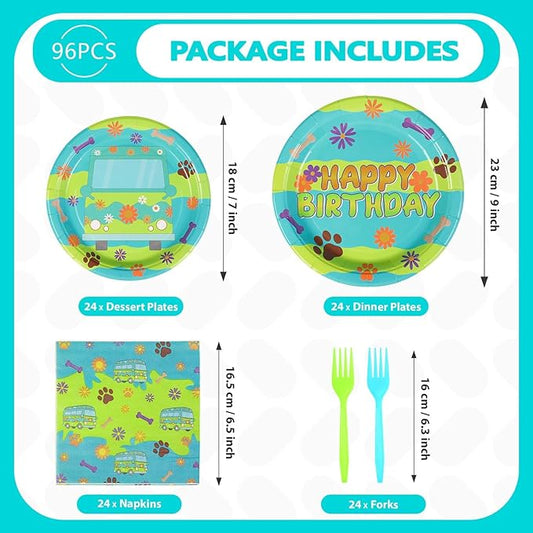 Grencian 96Pcs Mysterious Car Birthday Party Supplies Blue Green Dog Plates and Napkins Carton Dog Paw Tableware Set for Kids Birthday Baby Shower Party Supplies