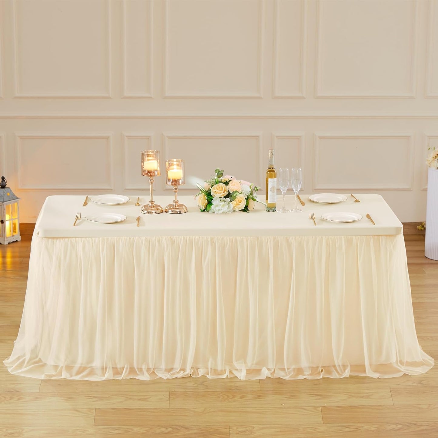 Suppromo 8ft Champagne Tulle Tablecloths for Rectangle Tables 8 Foot Stretch Rectangular Table Cloths Wrinkle Free Table Cover with Tutu Skirt for Wedding Birthday Party Banquet Buffet Cake Event