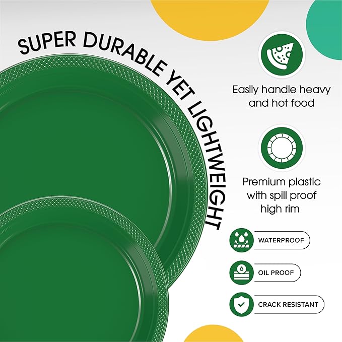 Party Solids Green Plastic Plates For Party Supplies, Green Disposable Plates 100 Pieces - 50-7" & 50-9" Heavy Duty 350 GSM Disposable Dinnerware Sets, Plastic Dinnerware Sets