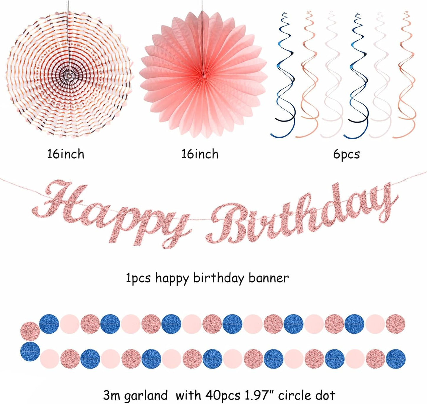 Pink Rose-Gold Navy-Blue Birthday Party-decorations - 21pcs Women Girl Happy Banner Garland, Paper Streamers Lanterns,Flower Tissue Pom Poms Fan Supplies, Princess Wall Backdrop Decor Huglony