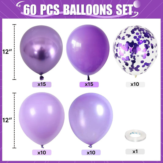 Purple Mixed Balloons, 60 PCS 12inch Lavender Balloons Metallic Purple Confetti Latex Balloon for Girls Women Birthday Baby Shower Bridal Shower Wedding Party Decorations