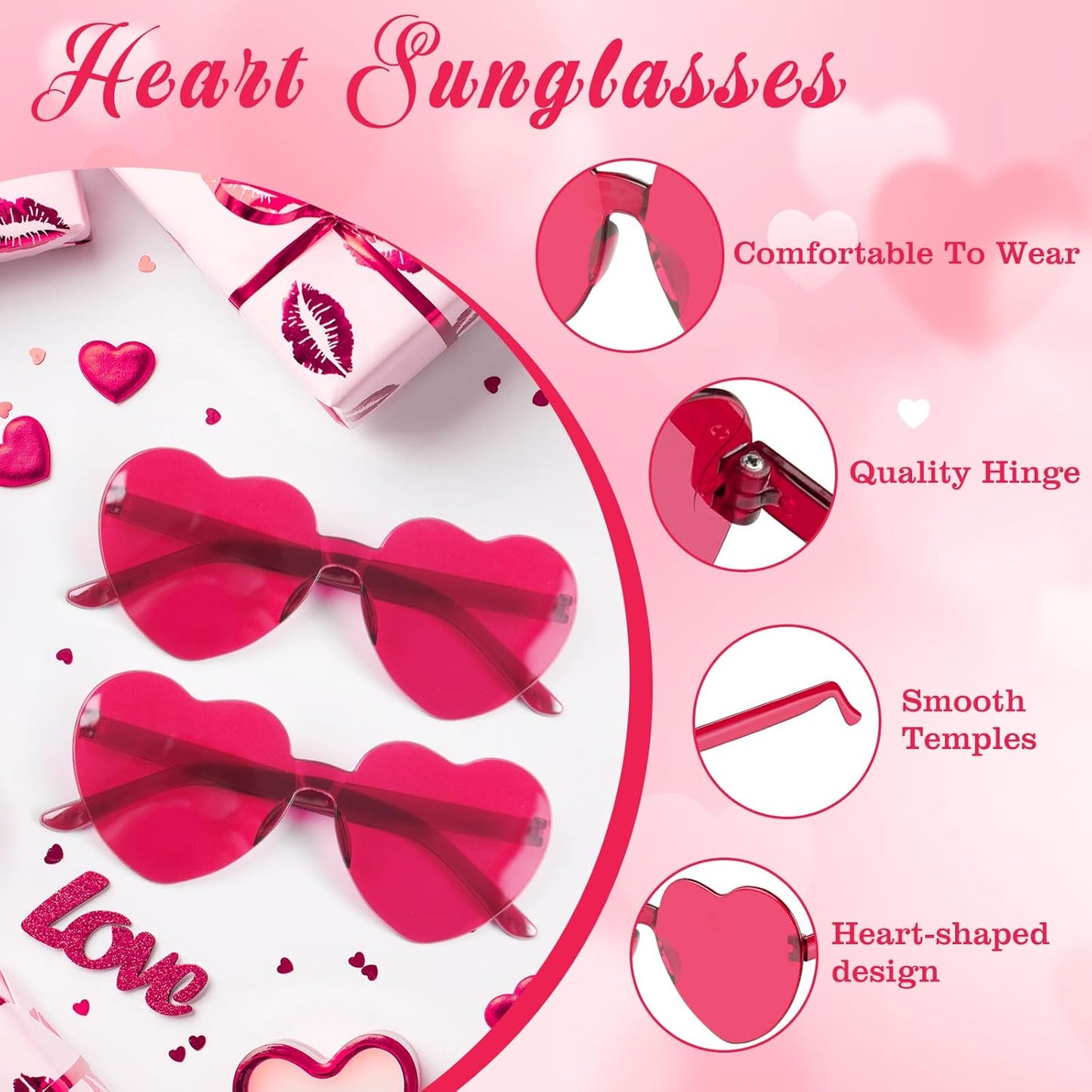 PLULON Heart Sunglasses for Women 5/12/25 Pcs, Heart Glasses Valentine Day Rimless Shaped Candy Color Fun Glasses Party Favor