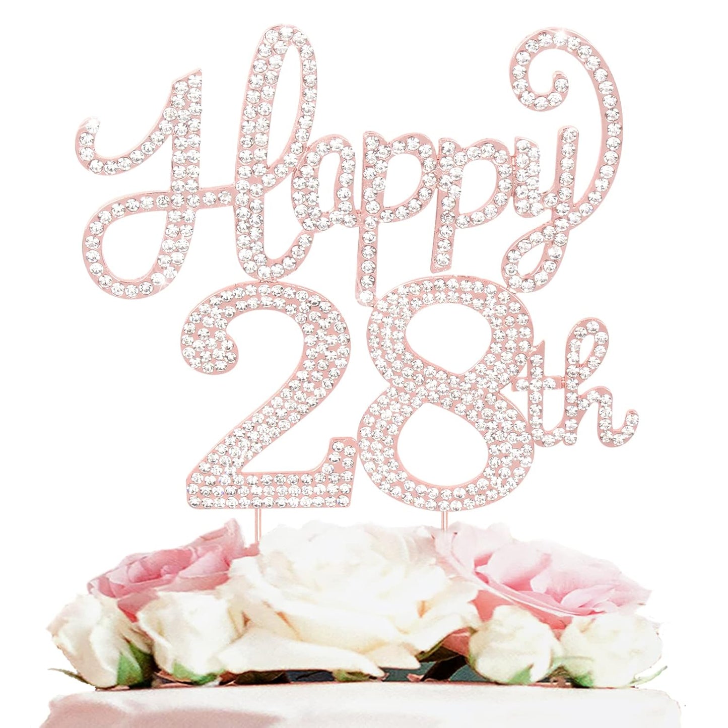 LASKYER Happy 28th Birthday Rose Gold Rhinestone Cake Topper - 28th Birthday/Anniversary,Cheers to 28 Years Old Bday Party Metal Sparkly Centerpieces Decorations.