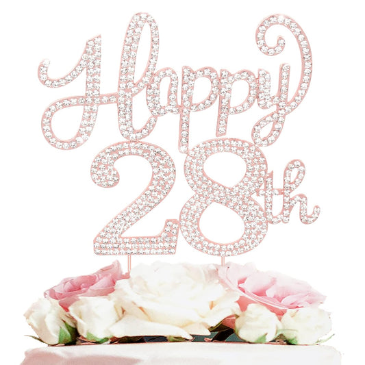 LASKYER Happy 28th Birthday Rose Gold Rhinestone Cake Topper - 28th Birthday/Anniversary,Cheers to 28 Years Old Bday Party Metal Sparkly Centerpieces Decorations.