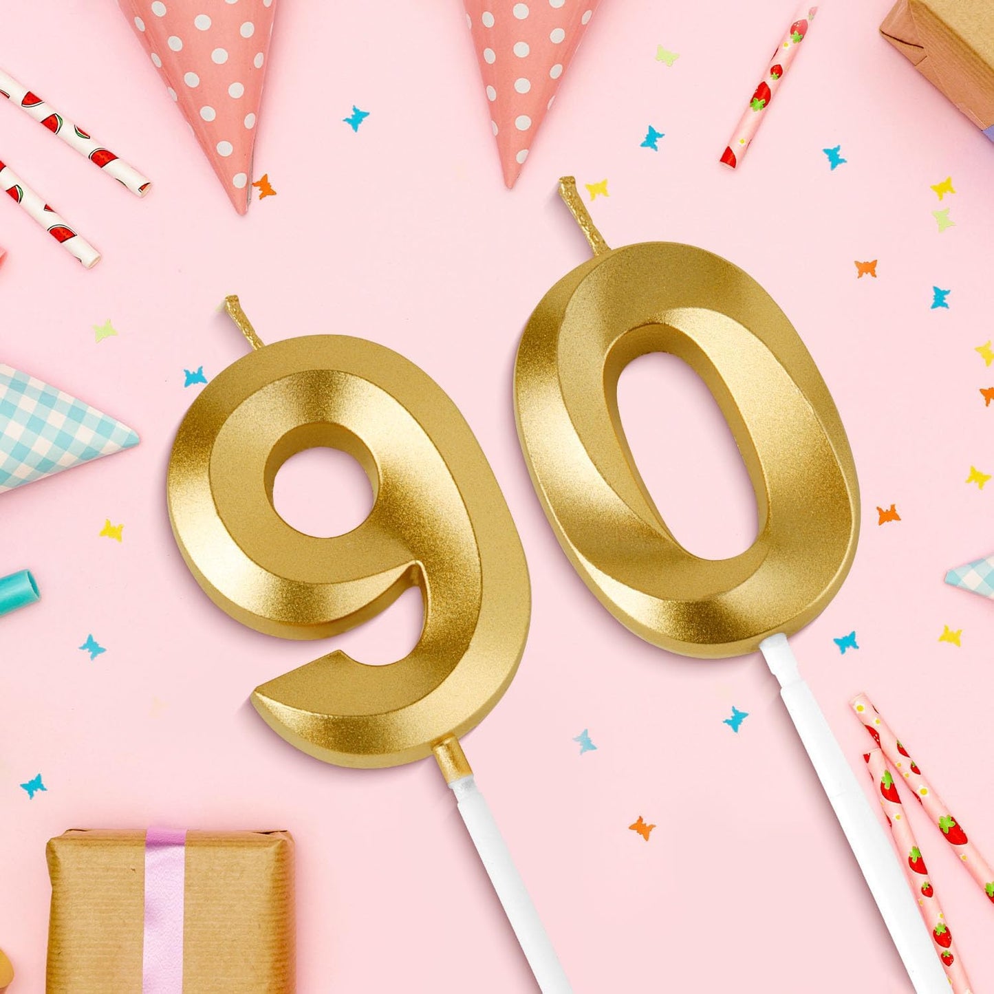 Birthday Candles, 1.96 Inch Number 90 Happy Birthday Candles, Number Candles Decoration for Birthday Party and Anniversary Celebration(Champagne Gold)