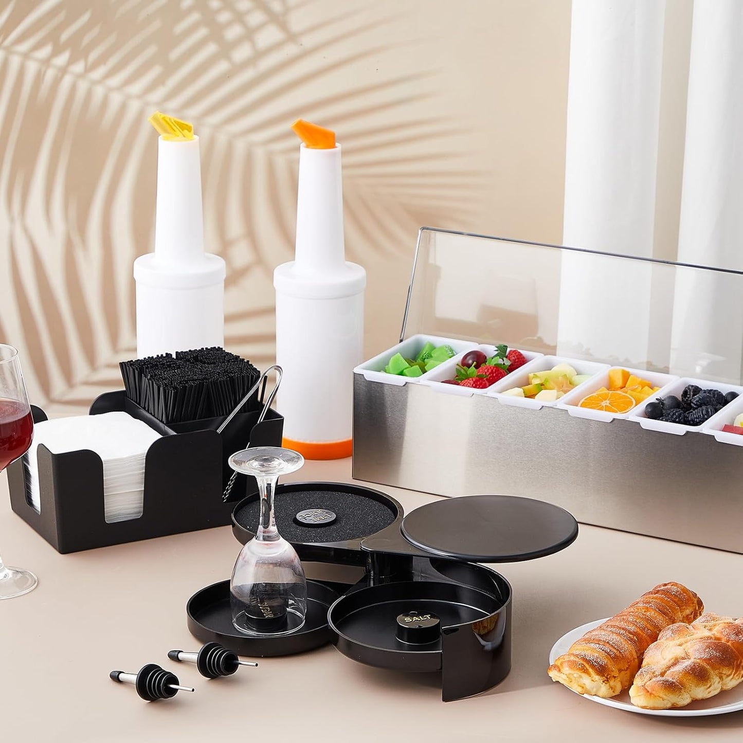 Mifoci Garnish Tray with Lid Bar Caddy 3 Tier Glass Rimmer 12 Stainless Steel Bottle Pourers 2 Plastic Juice Pour Bottles 1000 Count Cocktail Straws 3 Serving Tongs(6 Compartments,Stainless Steel)