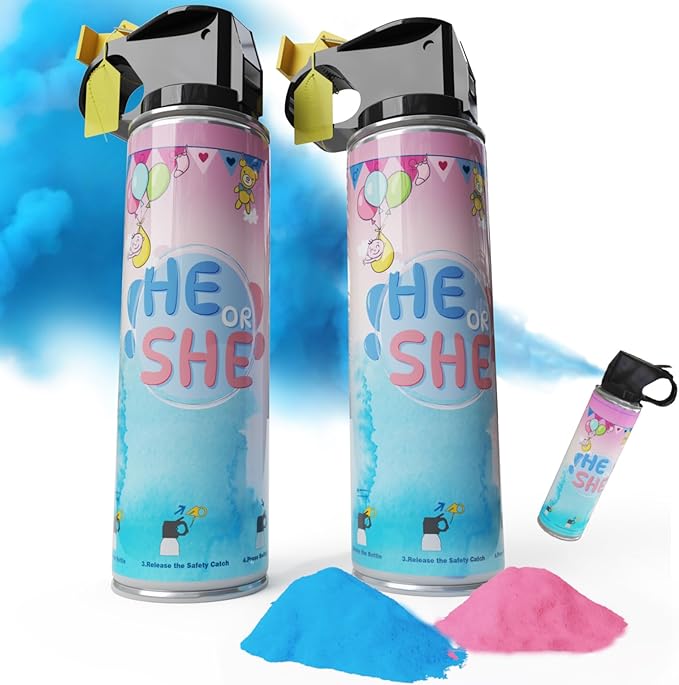 0.44Lb Gender Reveal Fire Extinguisher, Gender Reveal Smoke Bombs, 100% Biodegradable Corn Powder, Smoke Cannons Set Party Supplies For Celebrations and Parties (0.22Lb Per Bottl 1 Blue & 1 Pink)