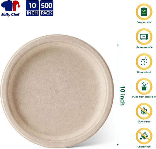 JOLLY CHEF Compostable Heavy Duty Plates 𝟭𝟬 𝗜𝗻𝗰𝗵 [𝟱𝟬𝟬 𝗣𝗮𝗰𝗸] Eco-Friendly Disposable Paper Plates Made of Bagasse Biodegradable Bulk for Party Dinner Sugarcane Thanksgiving Day (Natural)