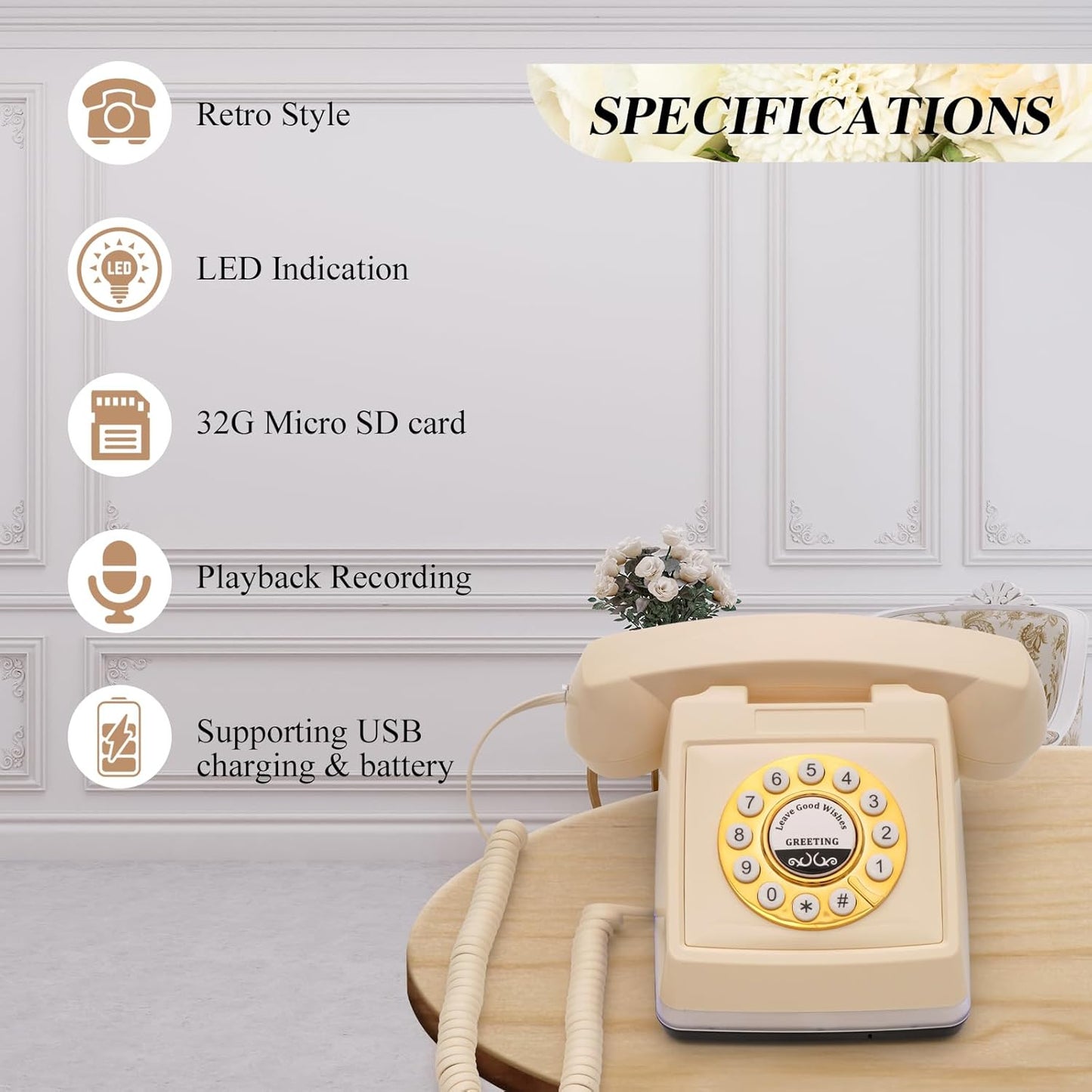 UKBW Audio Guest Book Wedding Phone, 32G Record Customized Audio Message with Guest Book, Retro Style Audio Guestbook for Birthdays Parties Confessions Special Occasions, Beige