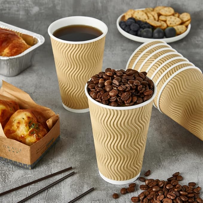 16 oz Coffee Cups, 90 Count Insulated Ripple Wall Paper Hot Coffee Cups for Hot Beverage