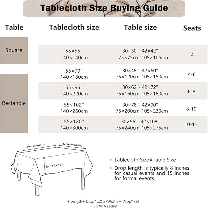 Joyfol Day Rectangle Linen Tablecloth, Heavy Duty Waterproof Tablecloths, Farmhouse Embroidery Leaves Table Cloth with Tassels, Soft Wrinkle Free Table Cover, Coffee Vines, 55''x 86''